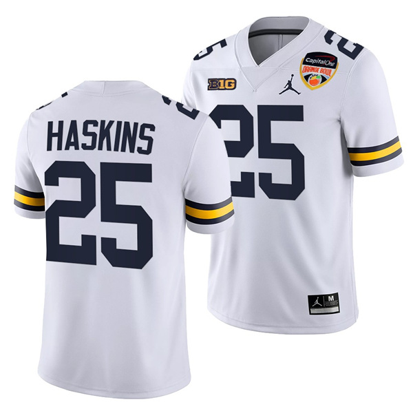 Men's Michigan Wolverines #25 Hassan Haskins White Stitched Football Jersey